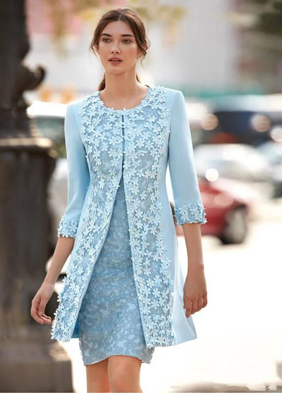 Carla Ruiz 2018 Light Blue Mother Of The Bride Dresses With Jacket Sheath Knee Length Wedding Guest Dress Arabic Short Dress Evening Wear