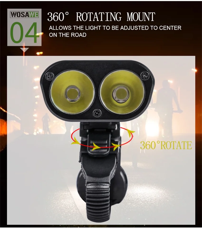 Perfect WOSAWE USB Rechargeable Bicycle Flashlight 2400 Lumens with Built-in Battery Rotate Bike Cycling Light 2-XML-3 LED Lamp 5 Modes 7