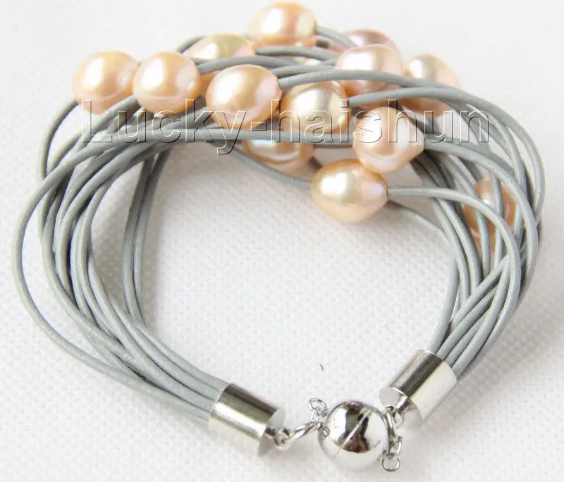 

Free Shipping >>>>>8" 13mm 15row pink purple pearls gray leather bracelet j9673