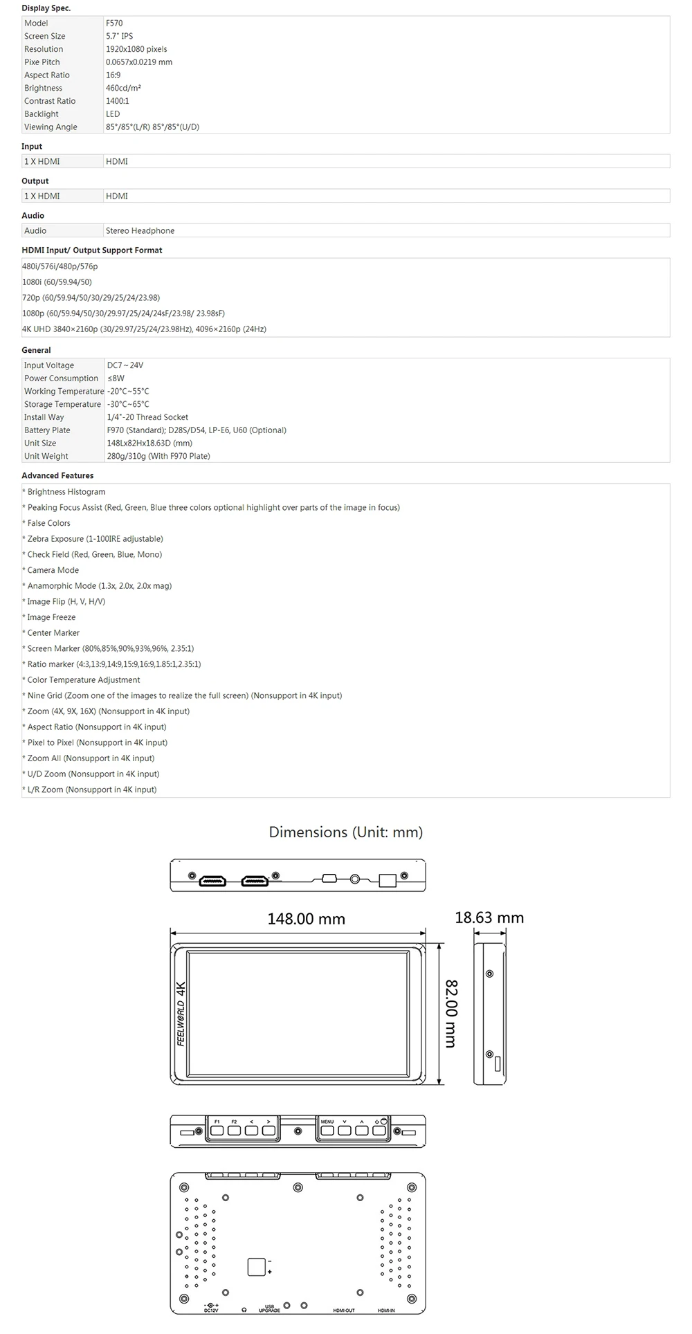F570 5.7 4K Mini camera Monitor+HDMI Input Output IPS Full HD 1920x1080 LCD monitoring for DJI ZHIYUN Gimbal Stabilizer6