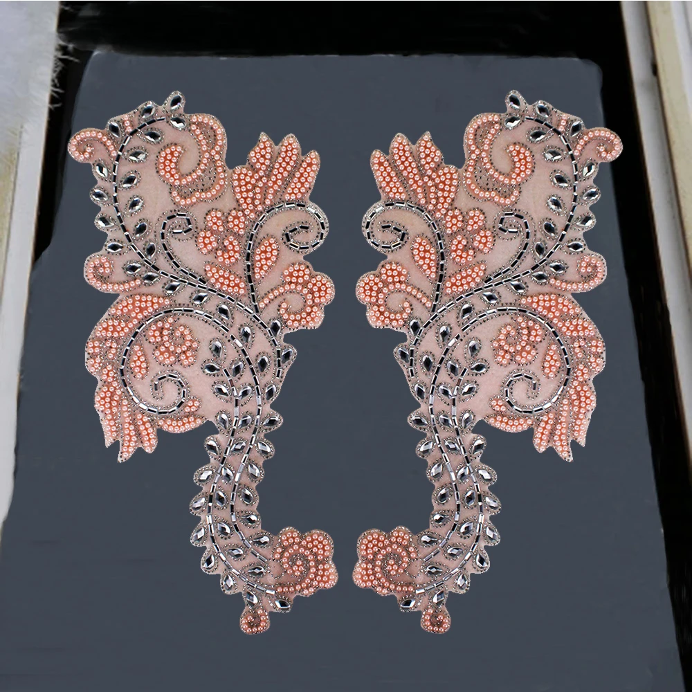 

1pair Handmade Beaded Crystal Patches Large Size Rhinestone Applique Flower Pattern for Wedding Dress Iron on Sticker T2759