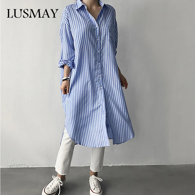 Las mujeres larga rayas camisas vestido 2019 nuevo Casual de gran tamaño  manga larga Streetwear moda vestido de Camisa larga azul Y con|Blusas y  camisas| - AliExpress