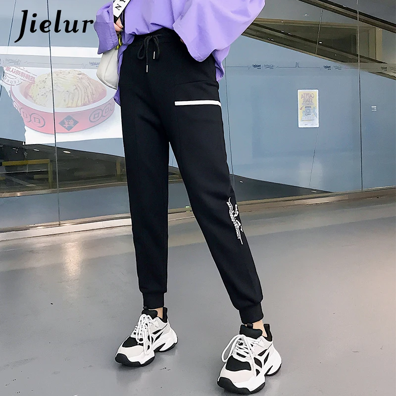 

Jielur Fitness Harem Pants Female Summer Korean Style Loose Beam Foot Pants Women Casual Street Letters Black Sweatpants M-XXL