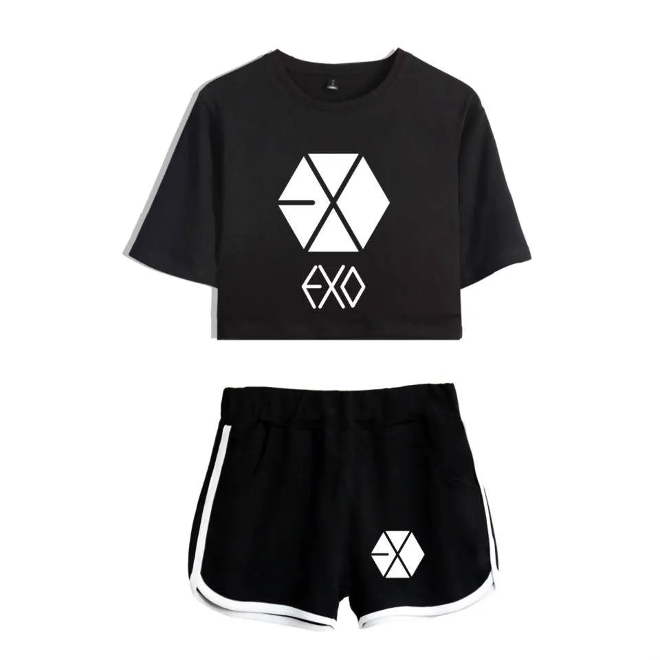 

New arrival Fashion Summer Cotton Women's Tracksuit EXO Clothes Set 2 Piece Woman Suits Shorts Crop Tops + Shorts Pants Outfit