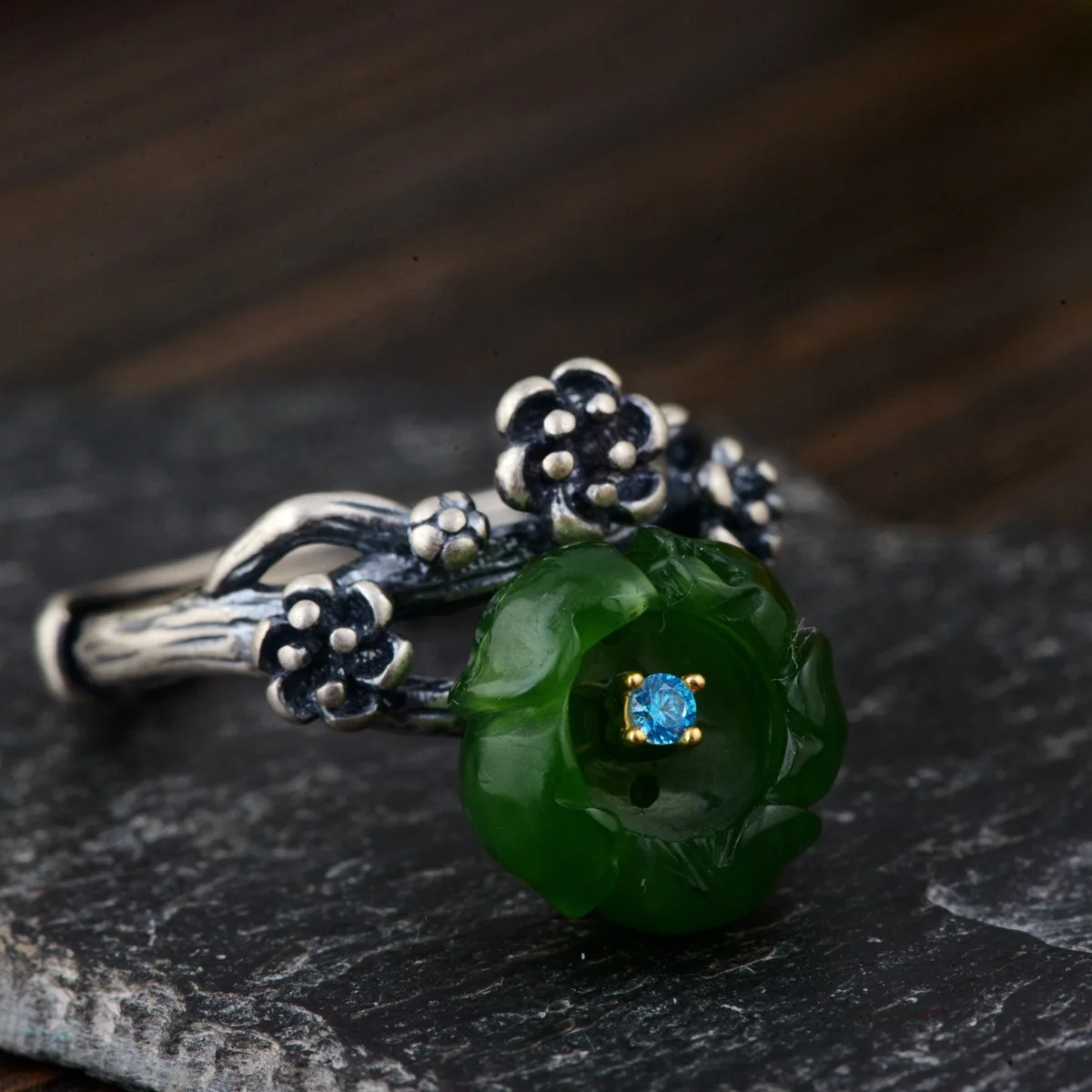 

S925 silver antique style The female of matte silver flower jade ring new products Thai silver wholesale