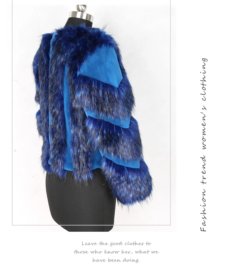 Nerazzurri Winter fox fur and rex rabbit fur color block patchwork fake fur jacket blue short warm big size faux fur coat women