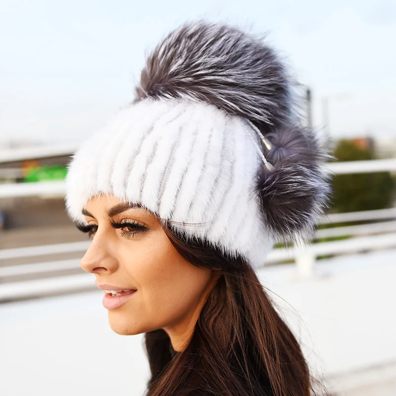 

Free Shipping CX-C-56F Winter Silver Fox Fur Pom Pom Real Mink Womens Fur Hats