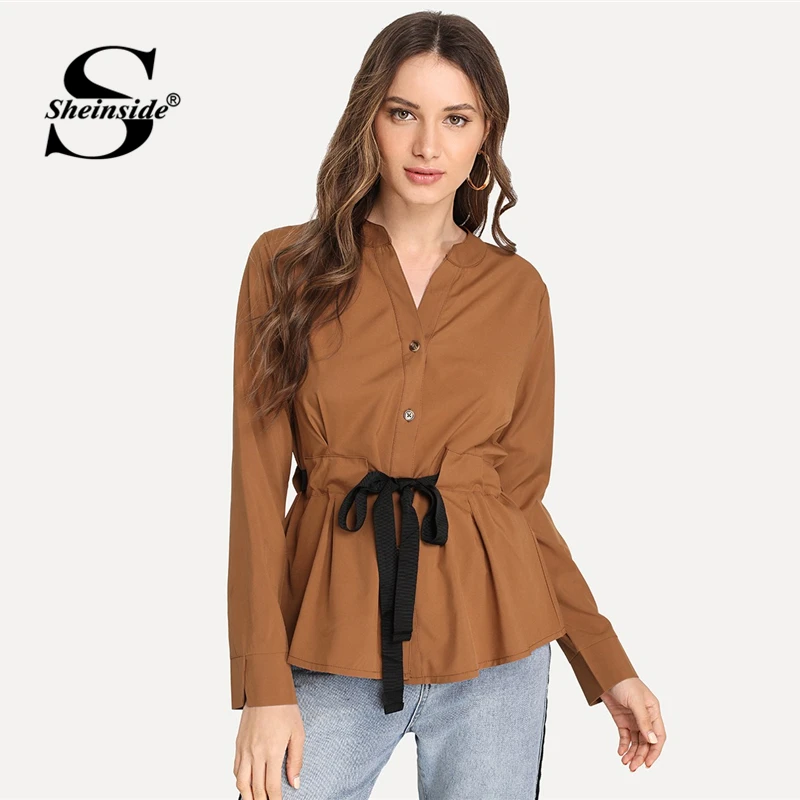 Sheinside Casual Drawstring Belted Solid Blouse Women 2019