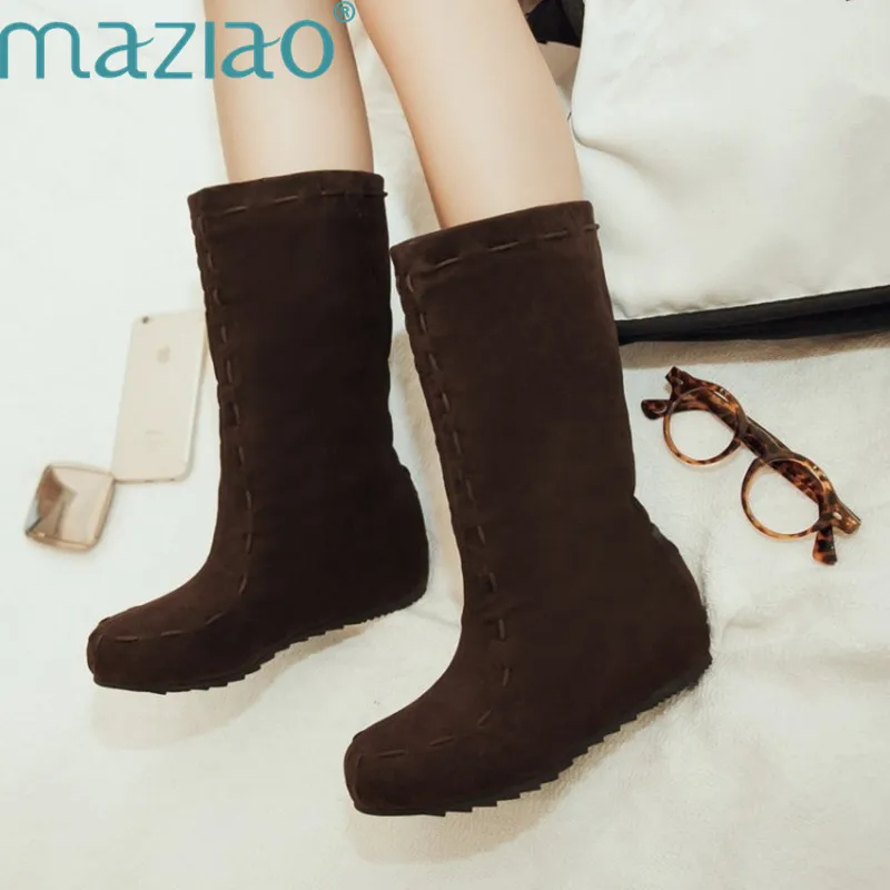 

Big Size 34-47 Pop New Fashion Flat Boots Women Snow Boots Slip-On Round Toe Women Winter wedge Shoes MAZIAO