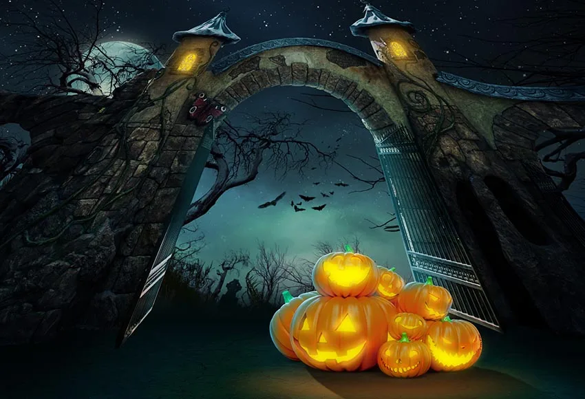Night Full Moon Arch Door Light Halloween Pumpkin background Vinyl