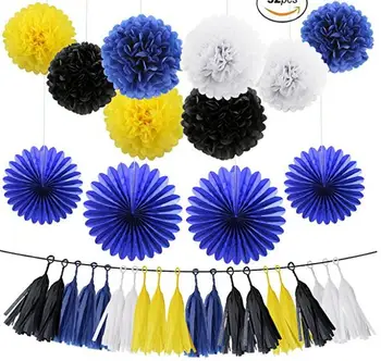 

Navy Blue Party Decorations Kit 16 Pcs - Yellow White Navy Black Tissue Paper Pom Poms Flowers Kit, Tissue Tassel Garland