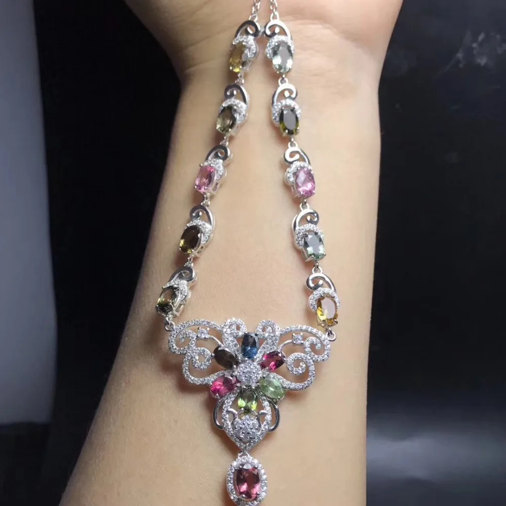  Collier pendentif fleurs papillon gracieux tourmaline multicolore naturel S925 argent collier de pi