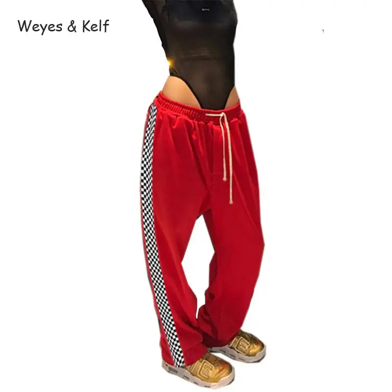 

Weyes & Kelf Spring Black And White Plaid Pants Personality Casual Red Trousers Women 2018 Autumn Contrast Striped Trousers