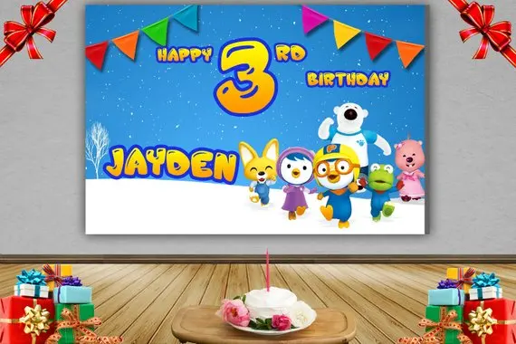 

custom Pororo Little Penguin Flag Snow Tree Birthday Cartoon background Computer print party backdrop