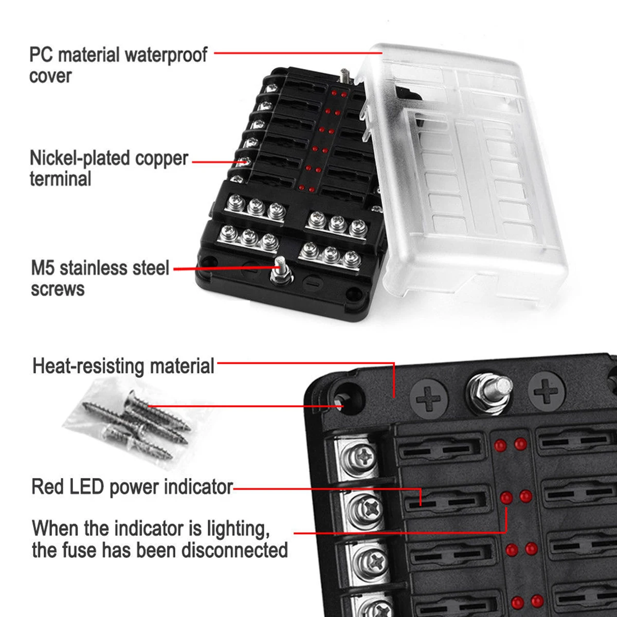 12V 32V Пластик крышка Держатель плавкого предохранителя M5 серьги-гвоздики с Светодиодный индикатор светильник 12 способов лезвие для сборных шин автомобильный комплект для Авто Лодка