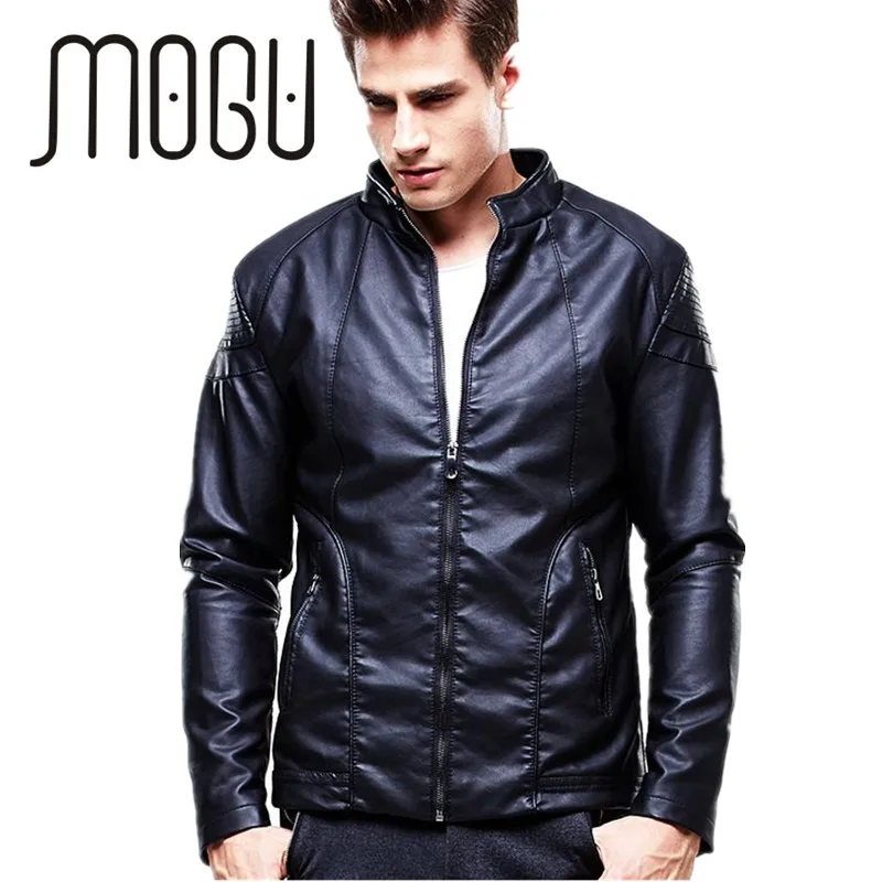 MOGU Stand Collar PU Leather Jacket Men Classic Fit Casual