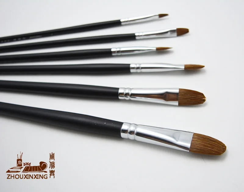 Kopen 6 stks set wezel haar olieverfschilderij borstel zwart lange houten staaf acryl borstel Gouache Aquarel Tekening Schilderen Pen kunst levert