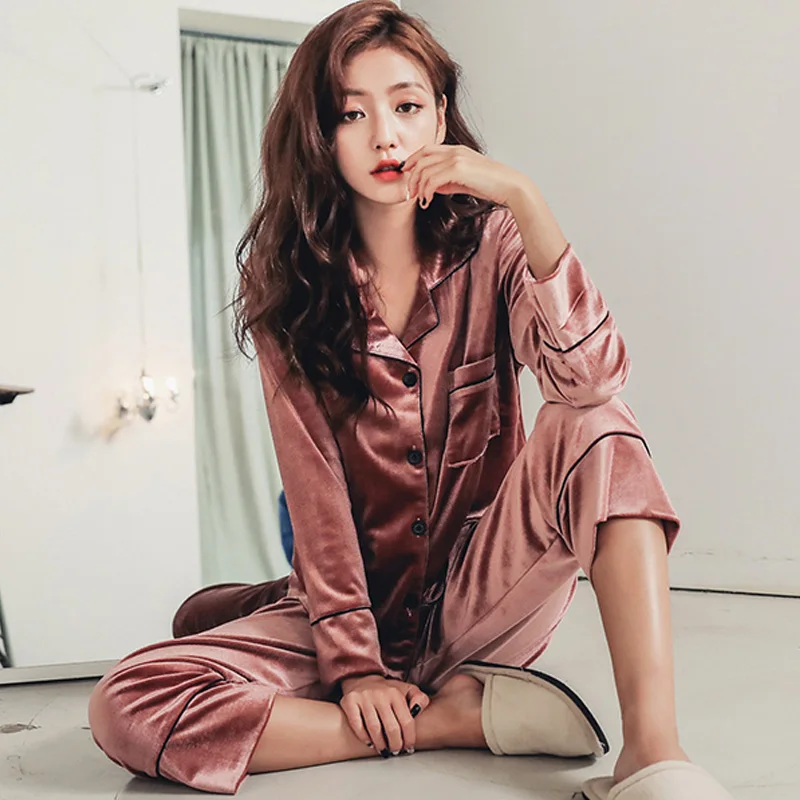 

fashion Long Sleeve Gold Velvet Pajamas Set Winter Women Warm Pajama Sets Plus Size Sleepwear Pyjama 3XL 4XL 5XL Nightwear Set