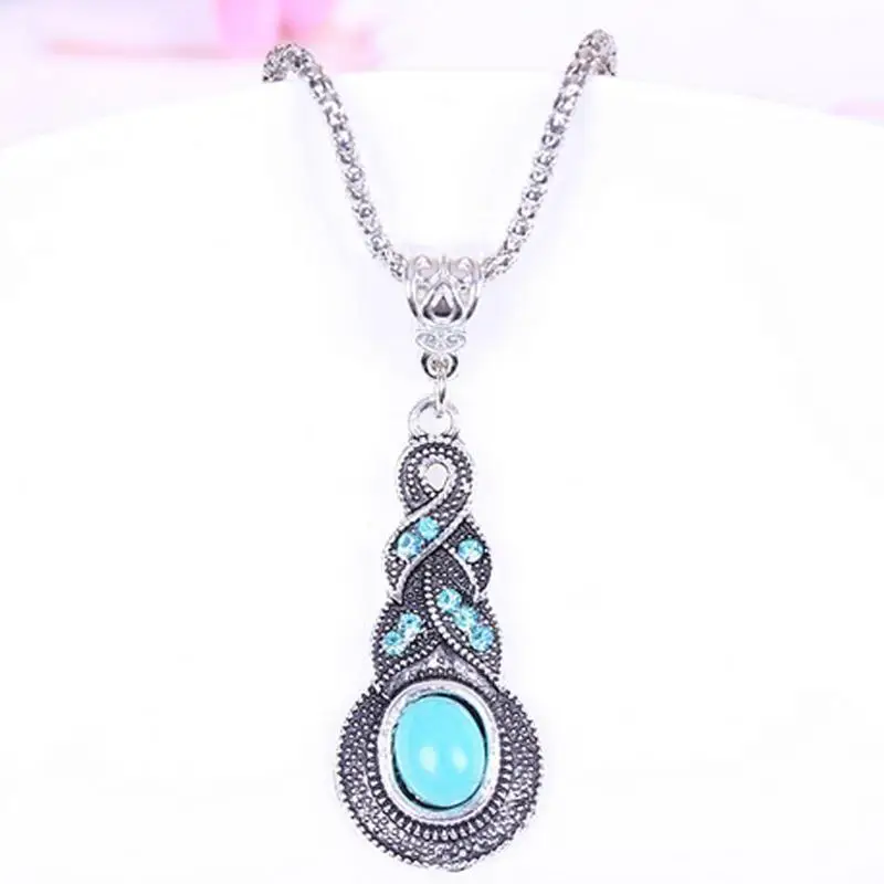 Vintage Charms Women Silver Long Chain Ethnic Tibetan Crystal Turquoise Water Drop Shape Pendant Necklace Bohemian Jewelry