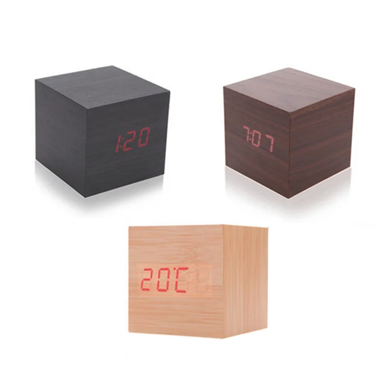 

House Mini Small Desktop Table Wooden Wood Modern Led Digital Alarm Clock Desk Home Decoration Square Sound Control Clocks Decor