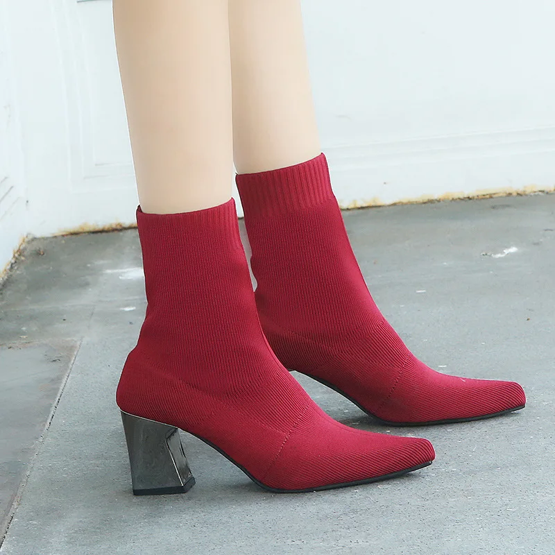 

Women Spring Autumn Knitted Ankle Sock Boots High Hoof Heels Pointed Toe Slip-On Ladies Solid Sexy Boots