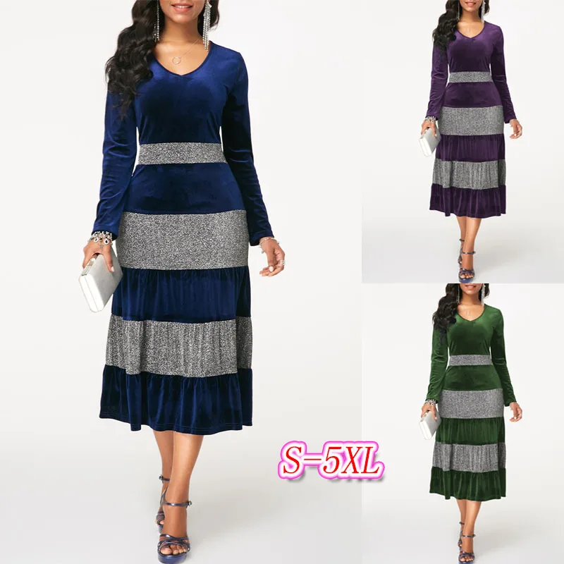 

2019 new spring and autumn elegent women plus size v-neck regular dress S-5XL