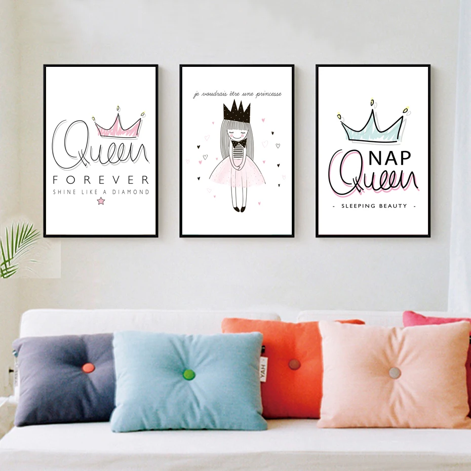 

Queen Crown Cartoon Canvas Painting Girls Princess Posters Print Nordic Wall Art Pictures for Kids Room Home Decoration Unframed