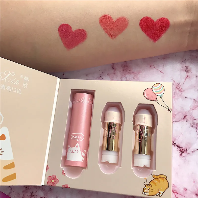 Sexy Girl Cat Jelly Sandwich 1+2 Lipstick Lip Gloss Set Moisturizing Care Lip Gold Foil Long Lasting Waterproof Lipstick Makeup