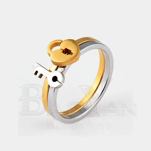 Romantic Lock and Key Silver and Gold Color Engagement Stainless Steel Couples Ring for Couples