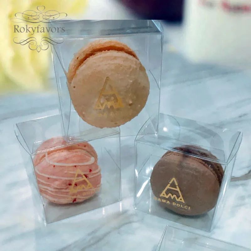

50PCS 5x5x3.5cm Clear Plastic PVC Macaron Box for 1 Macarons Party Supplies Bomboniere Favors Boxes with Protect Film
