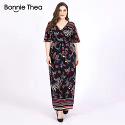 Бонни ТЕА для женщин boho печати плюс размеры платье макси XL-6XL Летние Элегантные Винтаж Большой платье Черный платья для vestidos Одежда