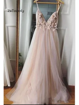

Fairytale Flower Evening Dress Spaghetti Straps Tulle Evening Dresses Sexy Backless Boho Junior Prom Dress For Graduation Date