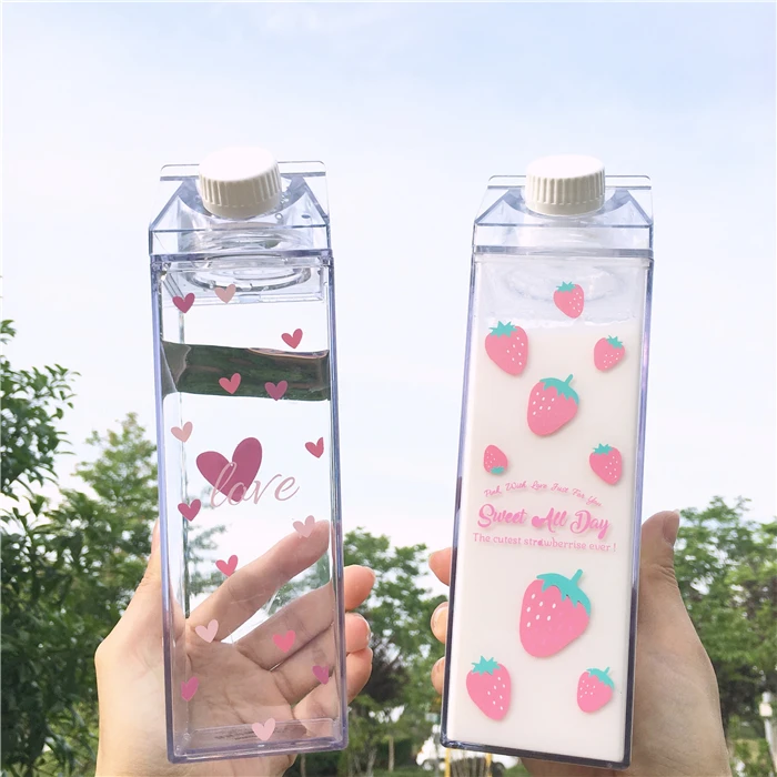 

1PCS Creative sakura strawberry 550ml Square Milk Mug Box coffee portable my drinking bottle BPA Free for Girl Kid School