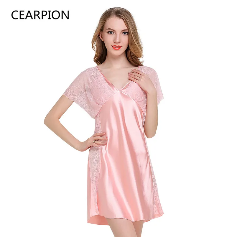 CEARPION, женская одежда для сна, сексуальное нижнее белье, ночная рубашка с v-образным вырезом, ночная рубашка с кружевными рукавами, платье-пеньюар, Женское ночное белье - Цвет: Pink