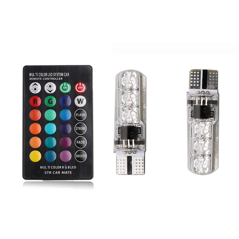 

2pcs 12V T10 W5W 194 168 Auto Car Wedge Side Light Multi Color LED Demo Lamp Bulb 5050 SMD RGB LED With Remote Controller Strobe