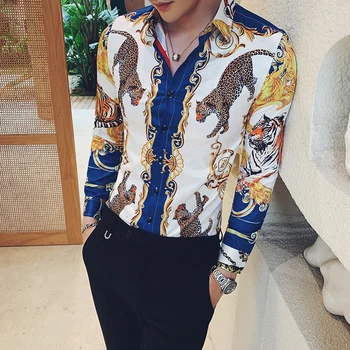

Luxury Gold Animal Print Shirt Men Long Sleeve 2019 Autumn Party Club Shirt Men DJ Singer Camisa Homem Prom Camisa Masculina