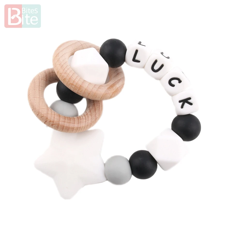 Bite Bites 1PC Baby Teether Customize Name Bracelet Silicone Star Beads Chewing Wooden Ring Trolley Rattle For Kids Products Toy