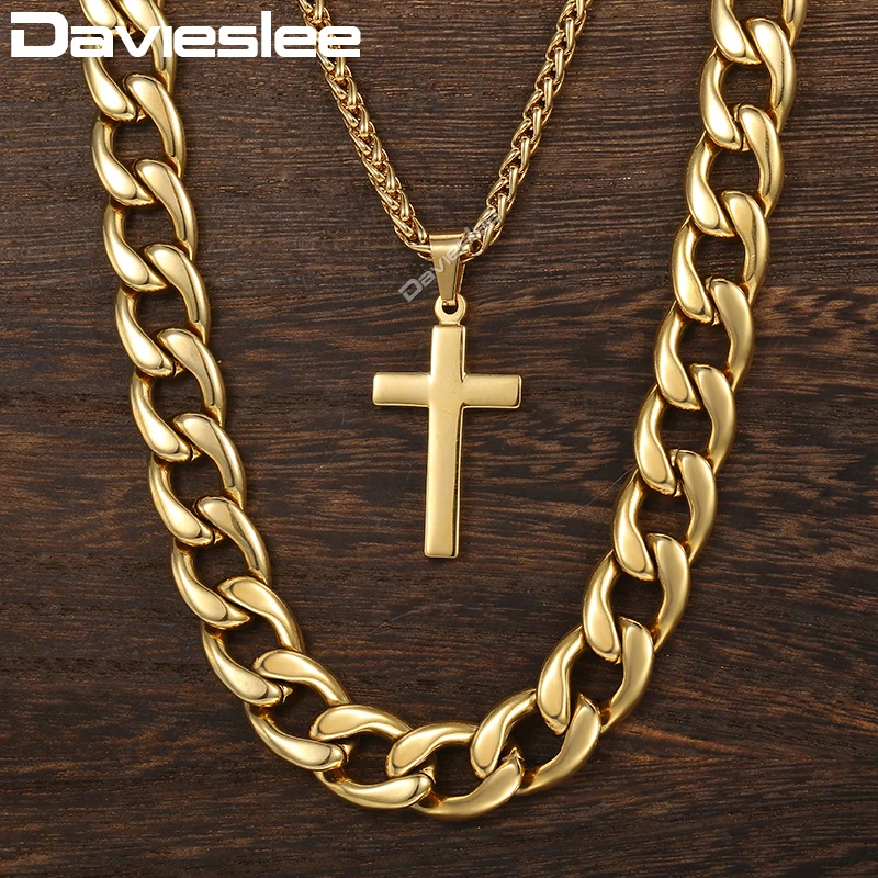 

Davieslee Necklace For Men Gold Stainless Steel Cuban Wheat Link Chain Cross Pendant Necklace Hip Hop Jewelry 13mm 24inch DDN08