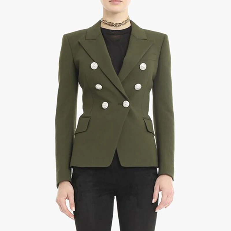 

HIGH QUALITY Newest 2019 Designer Blazer Women's Lion Buttons Double Breasted Blazer Jacket Army Green