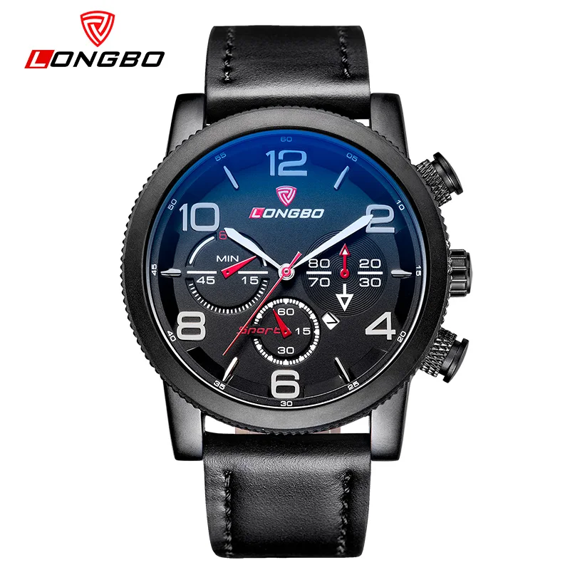 LONGBO Men Genuine Leather Watch Sports Military Waterproof Quartz Watch Men s Date Calendar Wrtistwatch Relogio