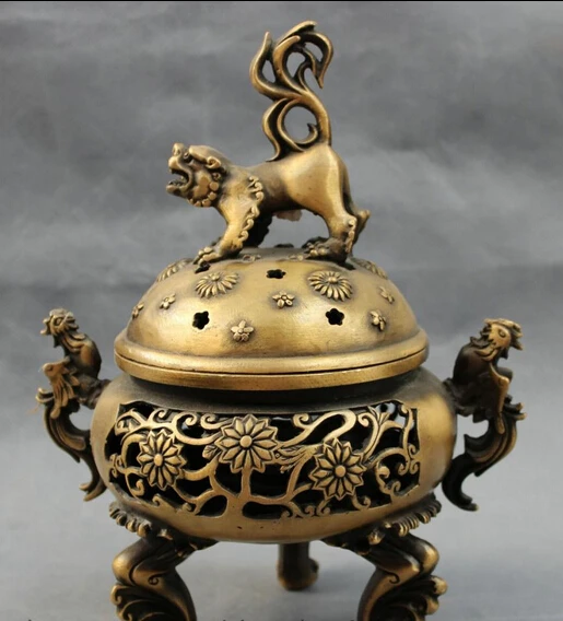 

bi003259 9" Tibet Bronze Buddhism Lion PiXiu Head Statue Phoenix Incense Burner Censer