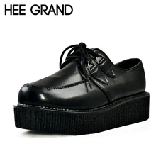 HEE GRAND 2016 Women Platform Flats Lace-up Artificial Leather Shoes Woman Spring Flat Creepers White Black Size 35-39 XWD367