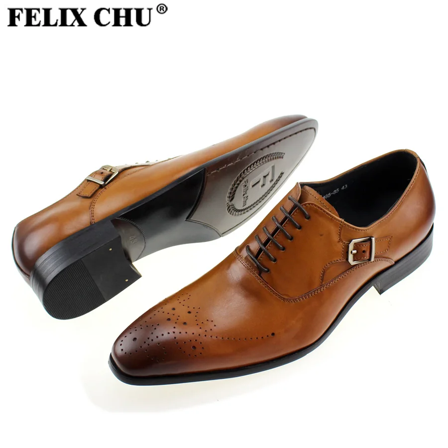 

FELIX CHU High Grade Mens Lace Up Brogue Genuine Leather Formal Dress Brown Shoes Office Party Evening Flats Size 39-46 #185-85