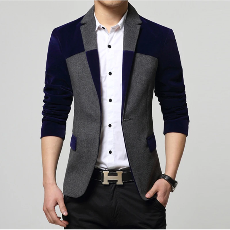 2017 New Blazer Men Spring Fashion Patchwork Men Blazer Slim Fit Single Button Mens Suit Jacket