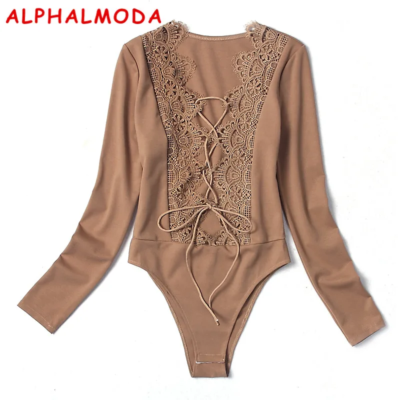 

ALPHALMODA 2018 Ladies Sexy Bodysuits Cross Lacing Up Deep V-cut Hollow Catsuits Women Solid Stretchy Charming Rompers