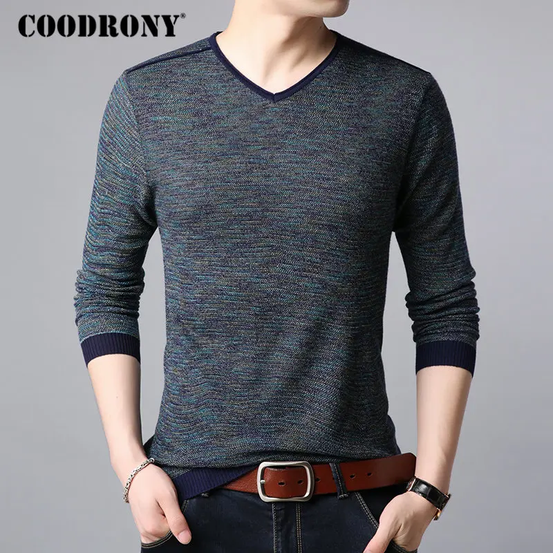 COODRONY Brand Sweater Men Streetwear Fashion V-Neck Pullover Men Autumn Winter Cotton Sweaters Knitwear Shirt Pull Homme 91071 - Цвет: Синий