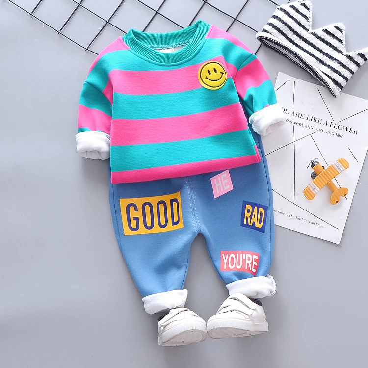 

Autumn Winter Infant Clothes Suits Baby Girls Boys Clothing Sets Plus Thick Velvet Stripe Smile Face T Shirt Pants Child Costume