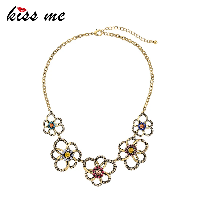 

KISS ME Multi Color Crystal Flower Choker Necklace Trending Fashion Zinc Alloy Vintage Statement Necklace Women Bijoux