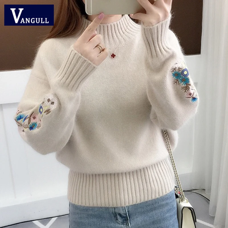 Vangull Women Knitted Sweater Floral Embroidery Thick Pullovers 2021 Autumn Winter New Long Sleeve Turtleneck Sweaters | Женская одежда