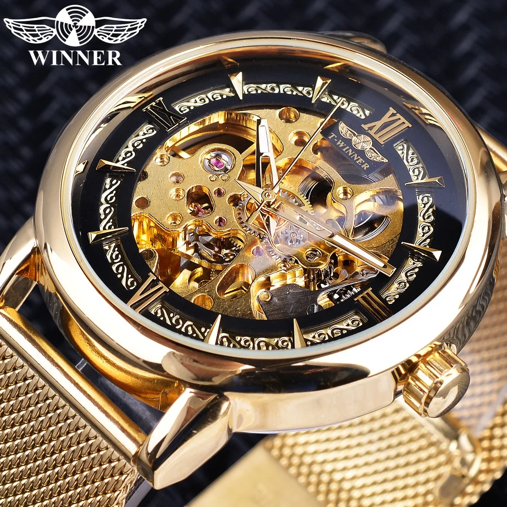 Winner Golden Mesh Band Stainless Steel Golden Gear Movement Mens Transparent Case Mens Skeleton Wrist Watches Top Brand Luxury